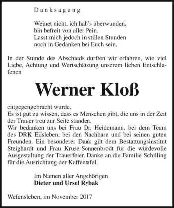 Traueranzeige von Werner Kloß  von Magdeburger Volksstimme