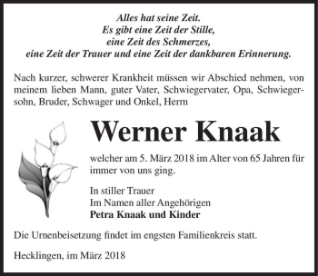 Traueranzeige von Werner Knaak  von Magdeburger Volksstimme