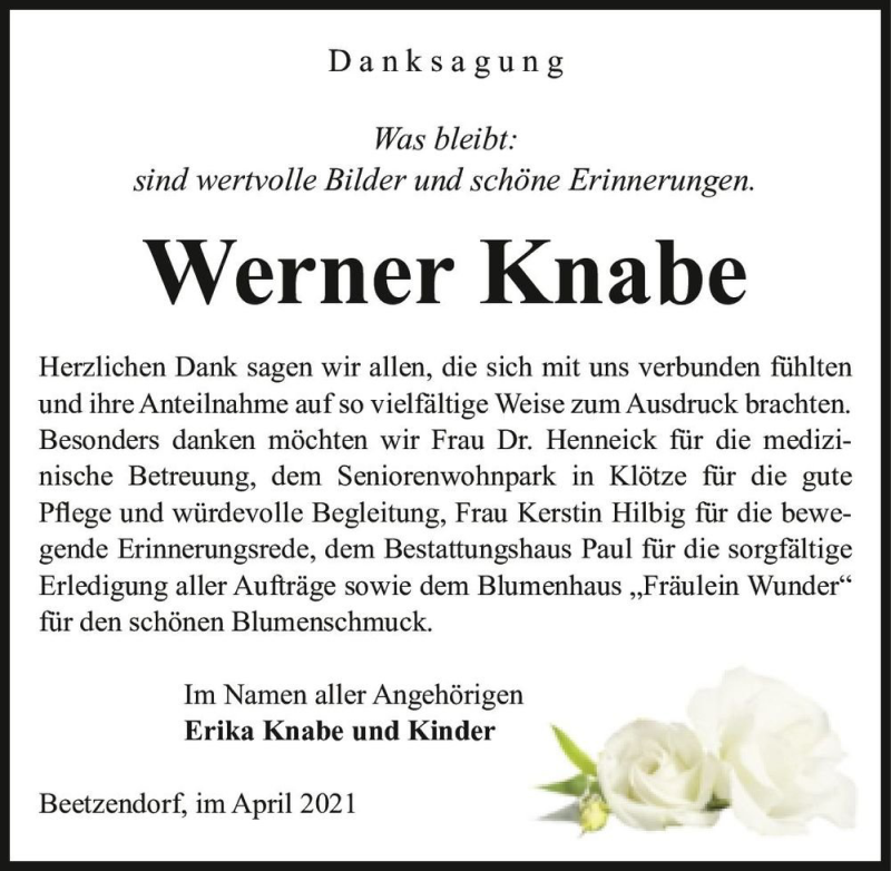  Traueranzeige für Werner Knabe  vom 29.04.2021 aus Magdeburger Volksstimme