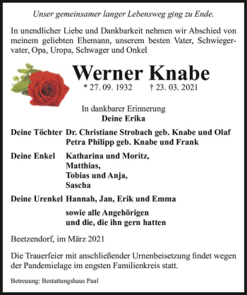 Traueranzeige von Werner Knabe  von Magdeburger Volksstimme