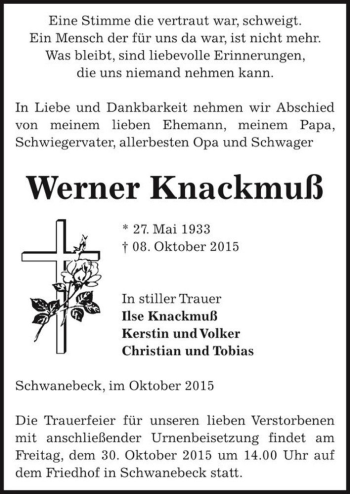 Traueranzeige von Werner Knackmuß  von Magdeburger Volksstimme