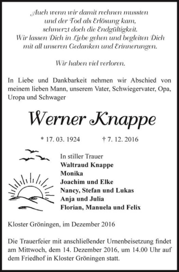 Traueranzeige von Werner Knappe  von Magdeburger Volksstimme
