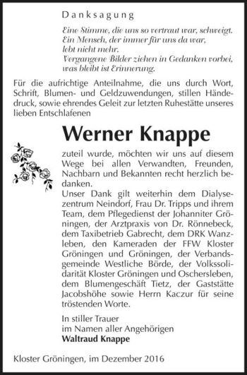 Traueranzeige von Werner Knappe  von Magdeburger Volksstimme