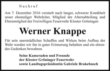 Traueranzeige von Werner Knappe  von Magdeburger Volksstimme