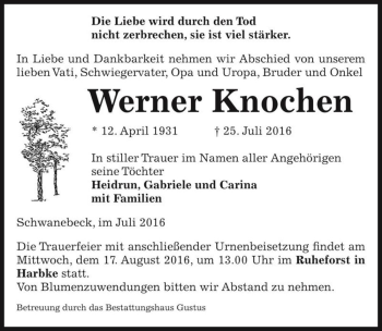 Traueranzeige von Werner Knochen  von Magdeburger Volksstimme