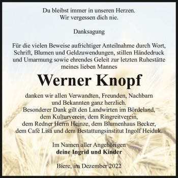 Traueranzeige von Werner Knopf  von Magdeburger Volksstimme