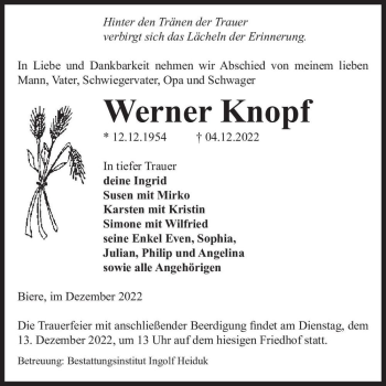Traueranzeige von Werner Knopf  von Magdeburger Volksstimme