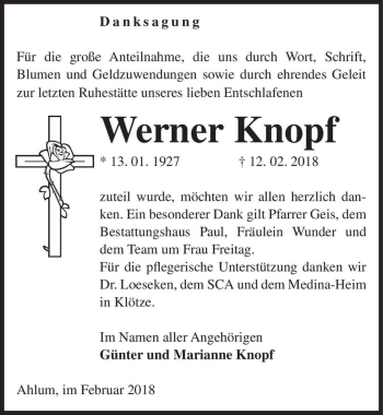 Traueranzeige von Werner Knopf  von Magdeburger Volksstimme