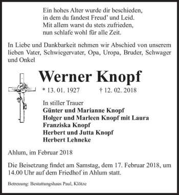 Traueranzeige von Werner Knopf  von Magdeburger Volksstimme
