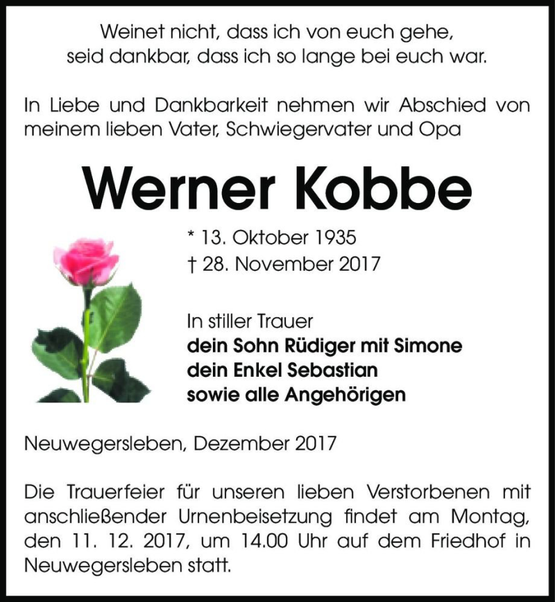  Traueranzeige für Werner Kobbe  vom 02.12.2017 aus Magdeburger Volksstimme