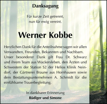 Traueranzeige von Werner Kobbe  von Magdeburger Volksstimme