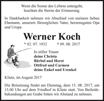 Traueranzeige von Werner Koch  von Magdeburger Volksstimme