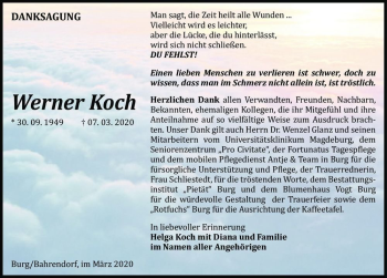 Traueranzeige von Werner Koch  von Magdeburger Volksstimme