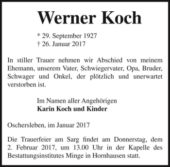 Traueranzeige von Werner Koch  von Magdeburger Volksstimme