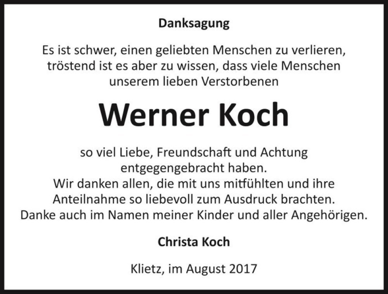  Traueranzeige für Werner Koch  vom 26.08.2017 aus Magdeburger Volksstimme