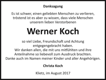 Traueranzeige von Werner Koch  von Magdeburger Volksstimme