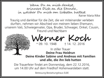 Traueranzeige von Werner Koch  von Magdeburger Volksstimme