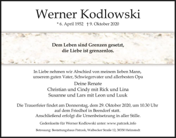 Traueranzeige von Werner Kodlowski  von Magdeburger Volksstimme