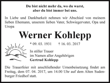Traueranzeige von Werner Kohlepp  von Magdeburger Volksstimme