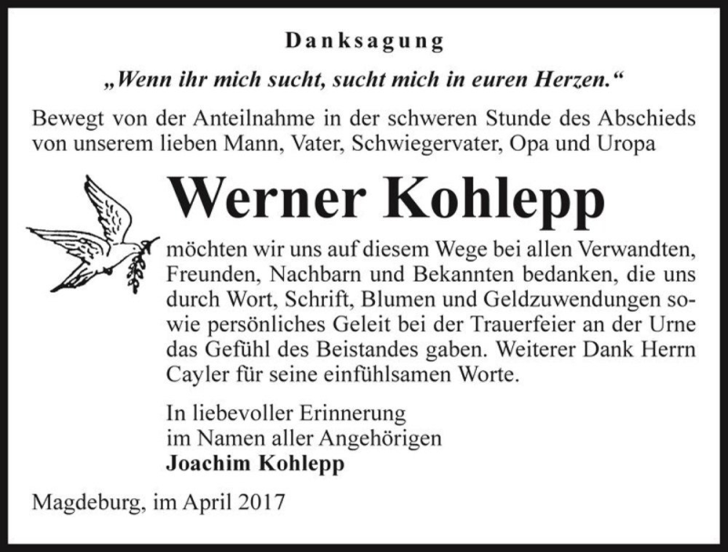  Traueranzeige für Werner Kohlepp  vom 15.04.2017 aus Magdeburger Volksstimme