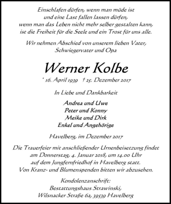 Traueranzeige von Werner Kolbe  von Magdeburger Volksstimme