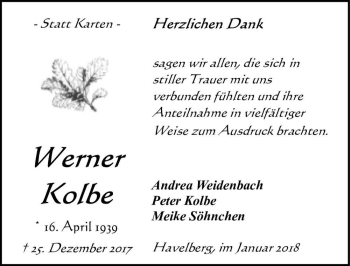Traueranzeige von Werner Kolbe  von Magdeburger Volksstimme