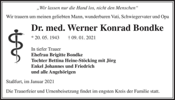 Traueranzeige von Werner Konrad Bondke  von Magdeburger Volksstimme