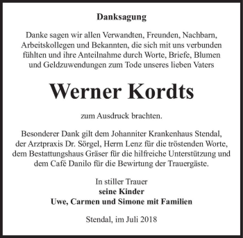 Traueranzeige von Werner Kordts  von Magdeburger Volksstimme