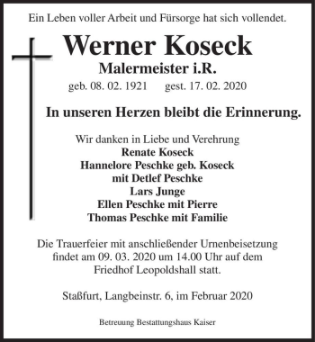 Traueranzeige von Werner Koseck  von Magdeburger Volksstimme