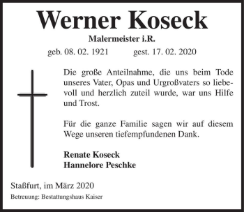 Traueranzeige von Werner Koseck  von Magdeburger Volksstimme