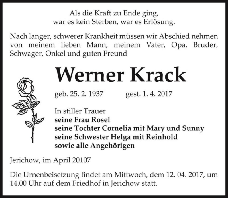  Traueranzeige für Werner Krack  vom 05.04.2017 aus Magdeburger Volksstimme