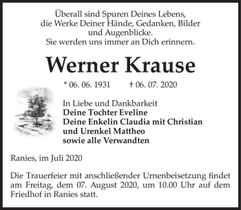 Traueranzeige von Werner Krause  von Magdeburger Volksstimme