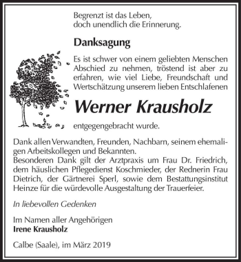 Traueranzeige von Werner Krausholz  von Magdeburger Volksstimme