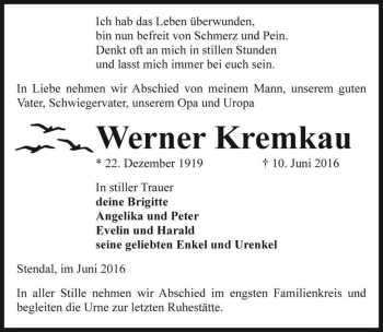 Traueranzeige von Werner Kremkau  von Magdeburger Volksstimme