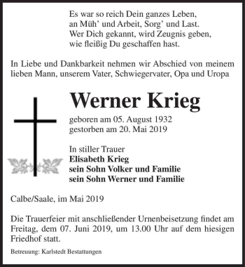 Traueranzeige von Werner Krieg  von Magdeburger Volksstimme