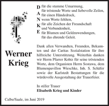 Traueranzeige von Werner Krieg  von Magdeburger Volksstimme