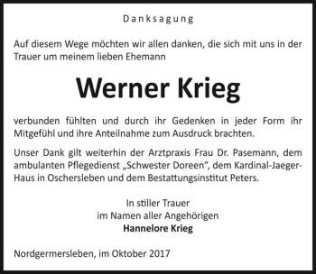 Traueranzeige von Werner Krieg  von Magdeburger Volksstimme