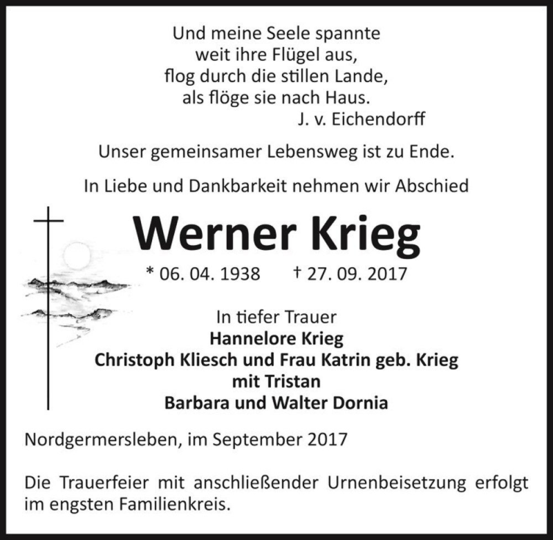 Traueranzeige für Werner Krieg  vom 02.10.2017 aus Magdeburger Volksstimme