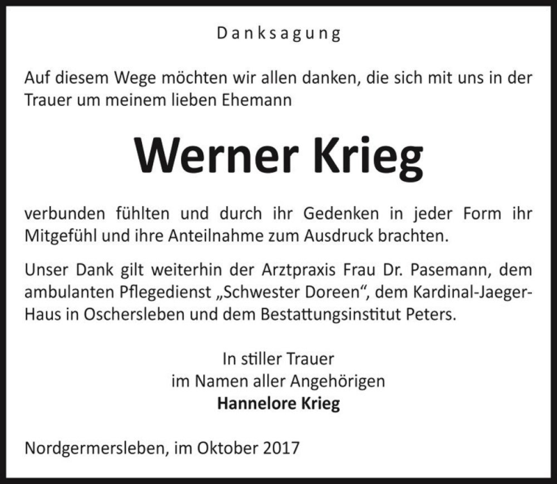  Traueranzeige für Werner Krieg  vom 14.10.2017 aus Magdeburger Volksstimme