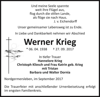 Traueranzeige von Werner Krieg  von Magdeburger Volksstimme