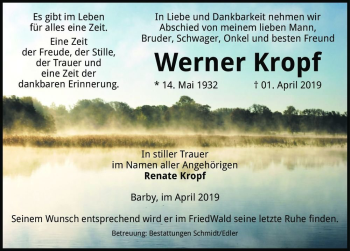 Traueranzeige von Werner Kropf  von Magdeburger Volksstimme