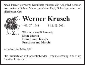 Traueranzeige von Werner Krusch  von Magdeburger Volksstimme
