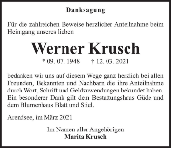 Traueranzeige von Werner Krusch  von Magdeburger Volksstimme