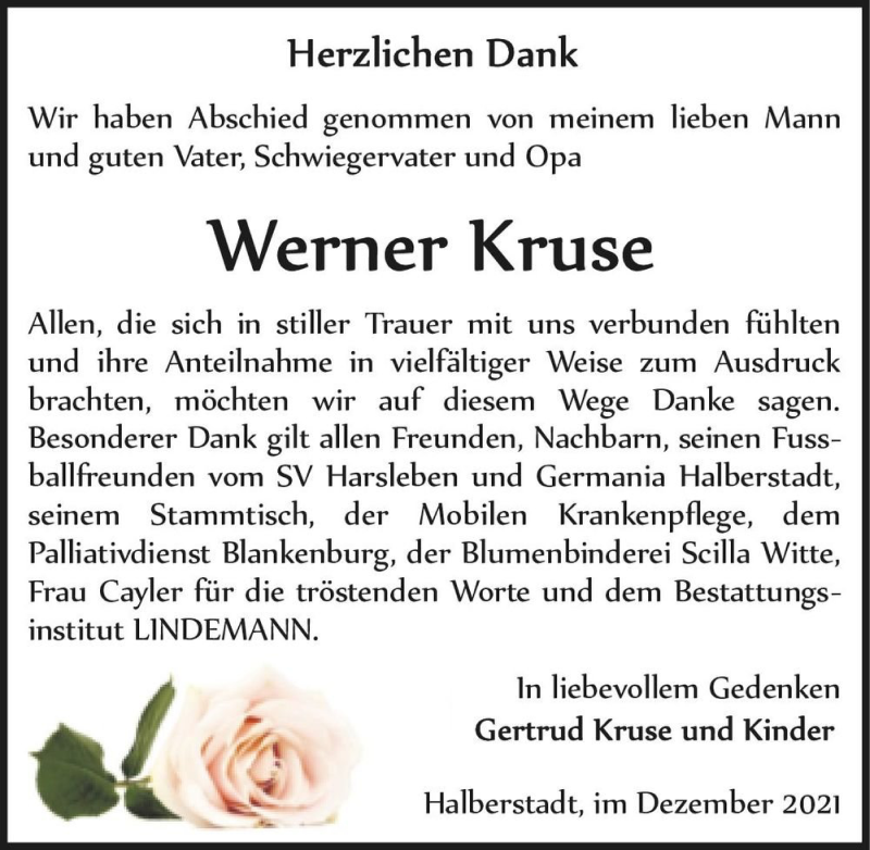  Traueranzeige für Werner Kruse  vom 11.12.2021 aus Magdeburger Volksstimme