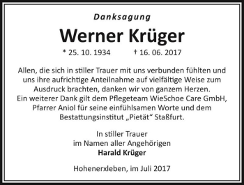 Traueranzeige von Werner Krüger  von Magdeburger Volksstimme