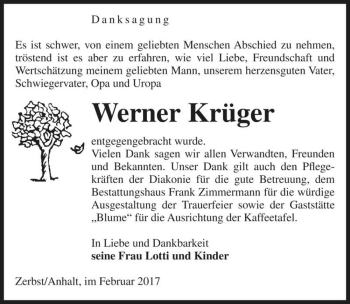 Traueranzeige von Werner Krüger  von Magdeburger Volksstimme