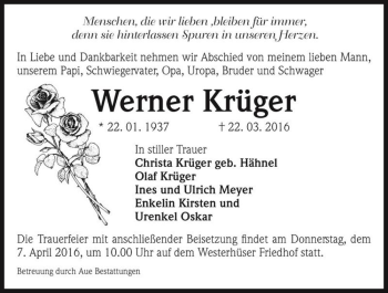 Traueranzeige von Werner Krüger  von Magdeburger Volksstimme
