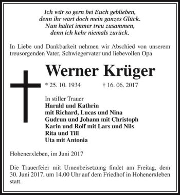 Traueranzeige von Werner Krüger  von Magdeburger Volksstimme