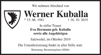 Traueranzeige von Werner Kuballa  von Magdeburger Volksstimme