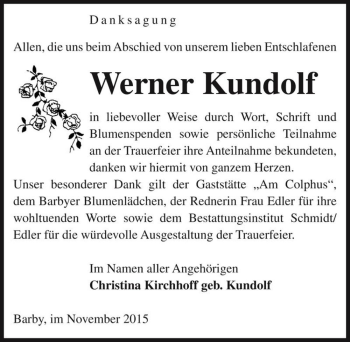 Traueranzeige von Werner Kundolf  von Magdeburger Volksstimme